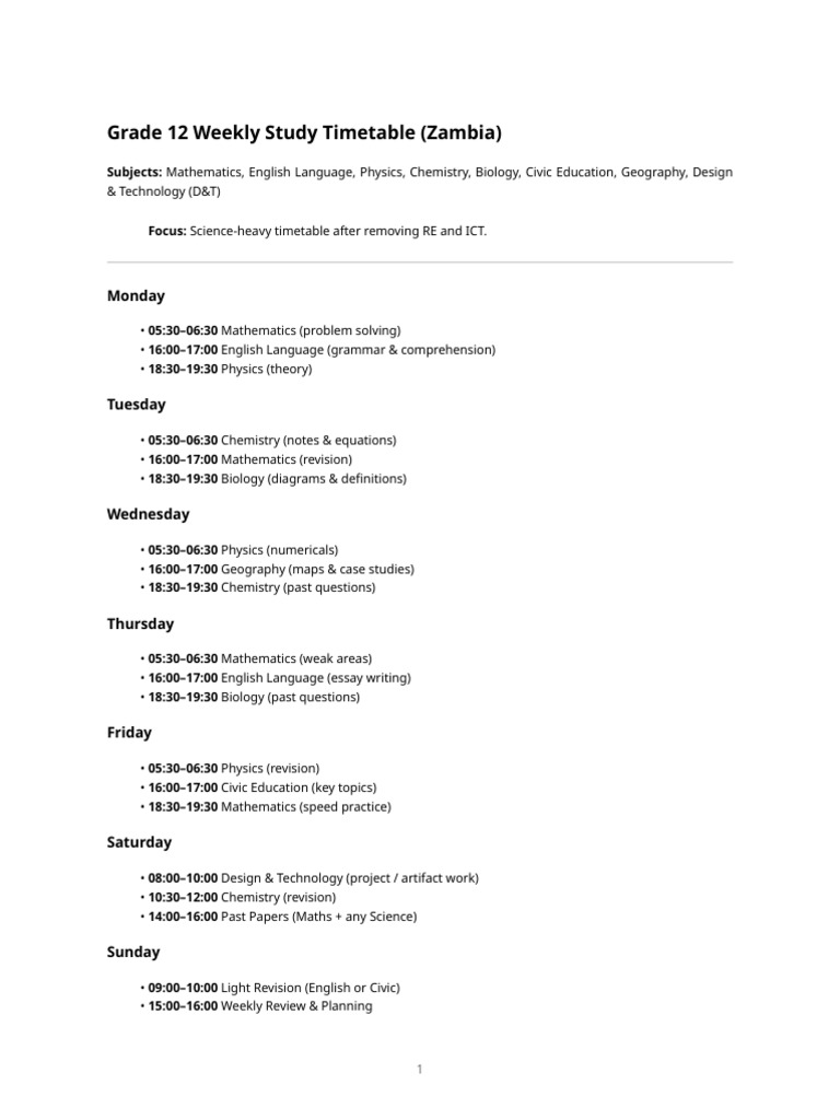 Grade 12 Weekly Study Timetable | PDF