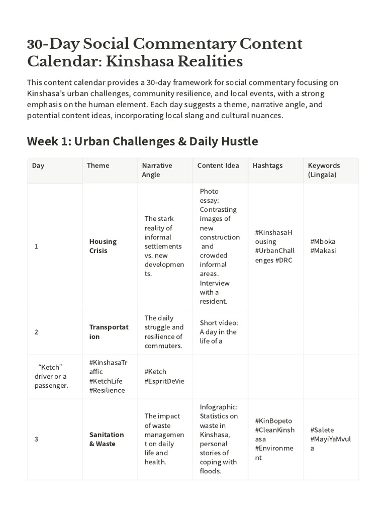 30-Day Social Commentary Content Calendar Kinshasa Realities | PDF ...