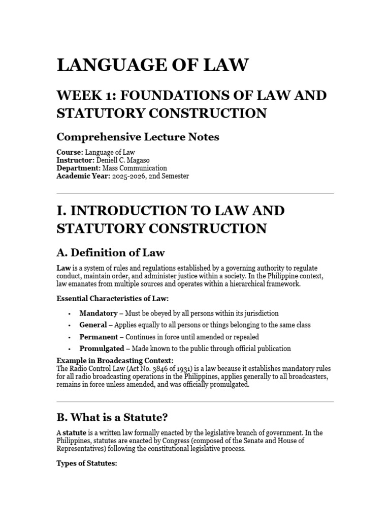 Week-1 LANGUAGE OF LAW | PDF | Statutory Interpretation | Precedent