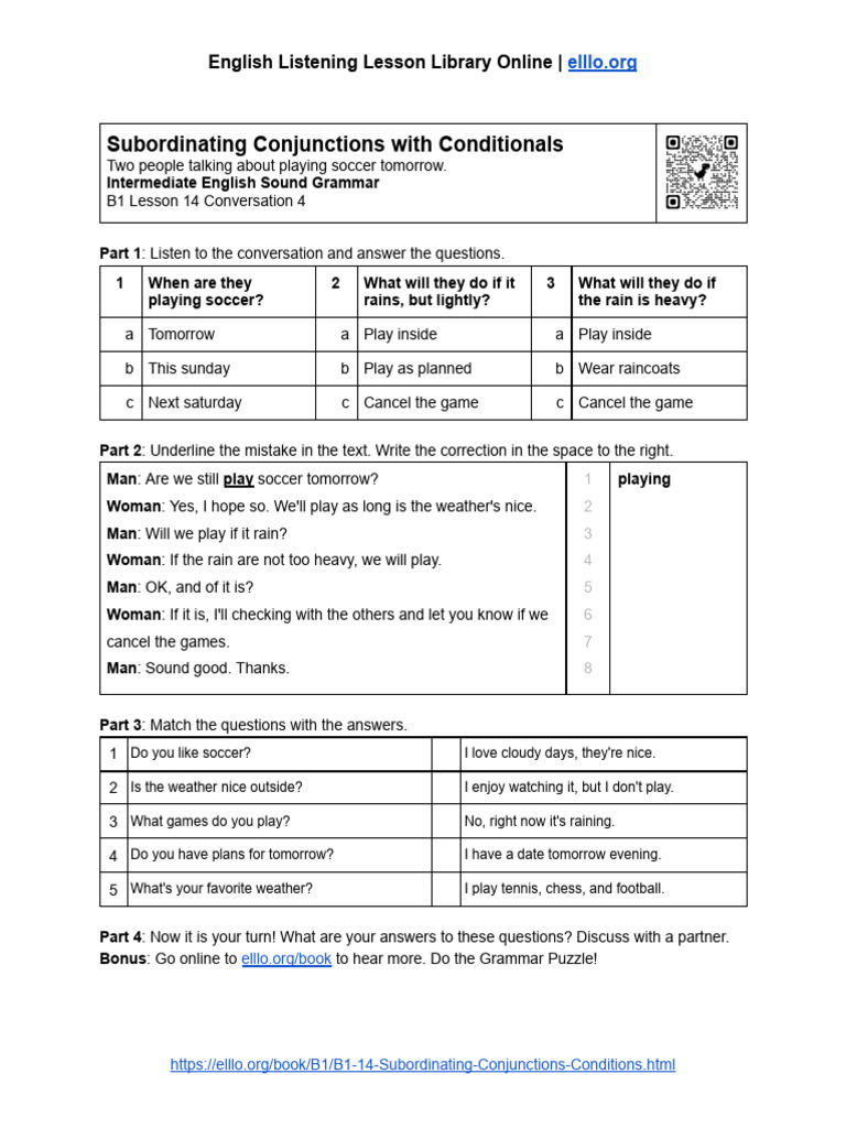B1 14 4 Subordinating Conjunctions Conditions Error Correction | PDF
