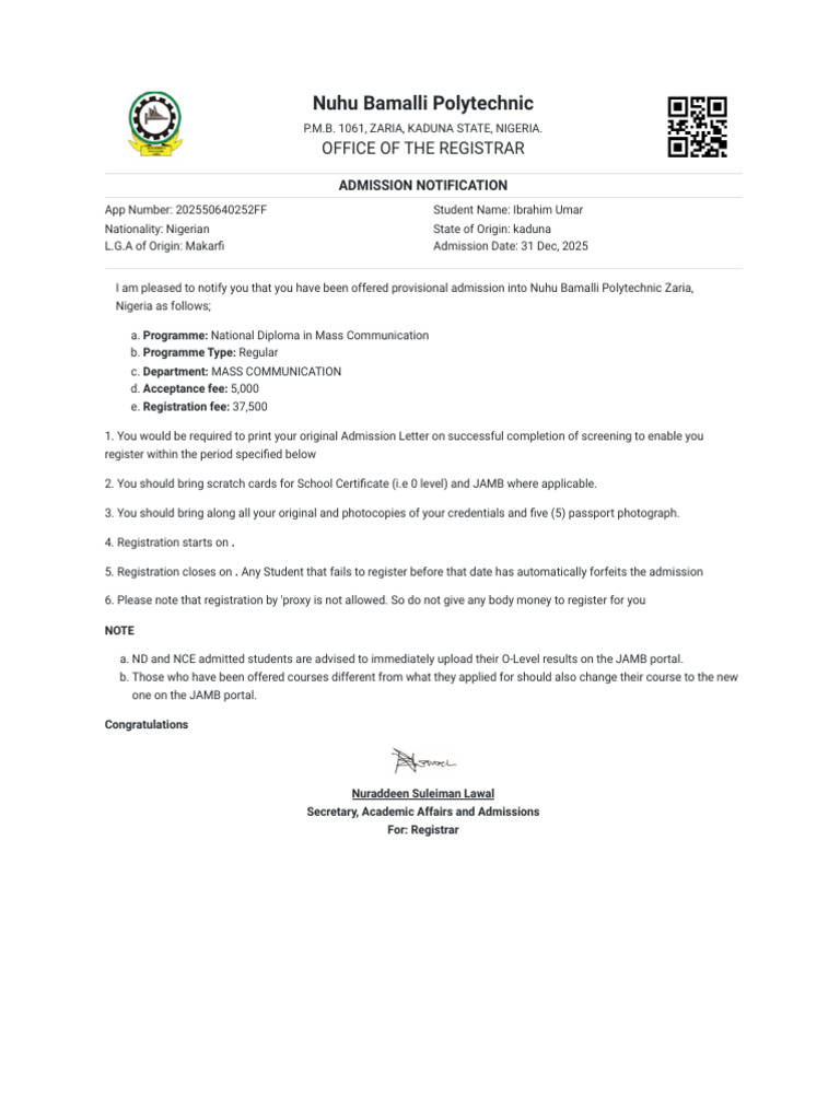 Nuhu Bamalli Polytechnic - Admission Notification | PDF