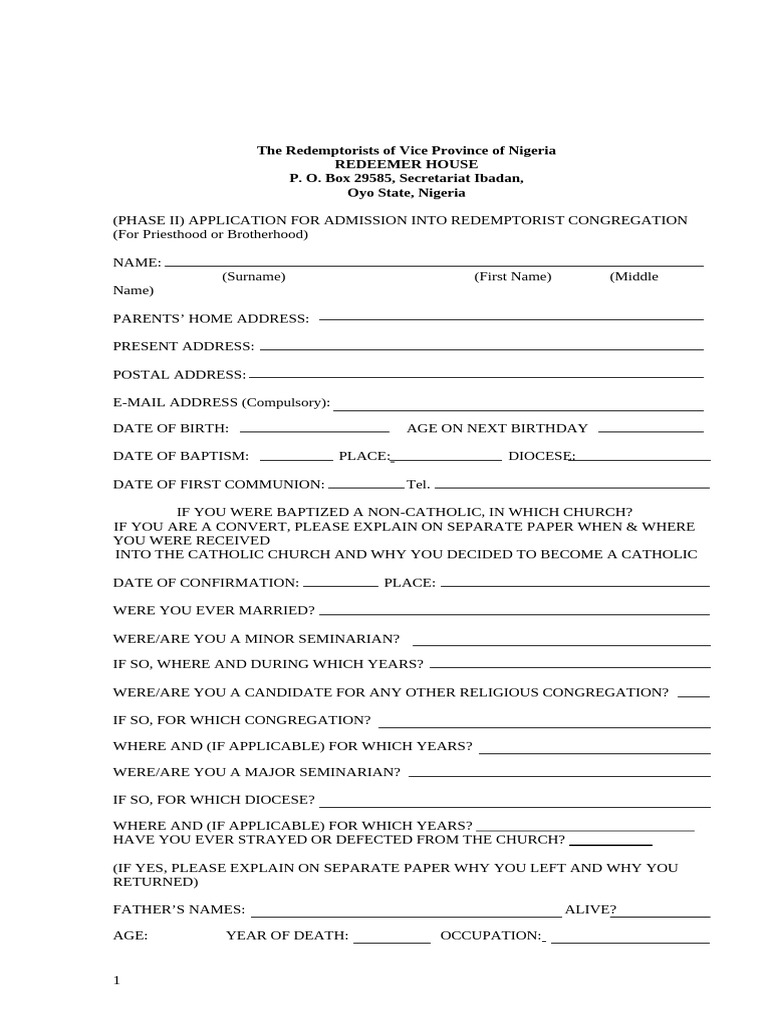 Application Form (Phase II) | PDF | Baptism | Confirmation