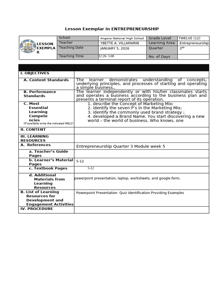 Lesson Plan Entrep Module 5 | PDF | Learning | Entrepreneurship