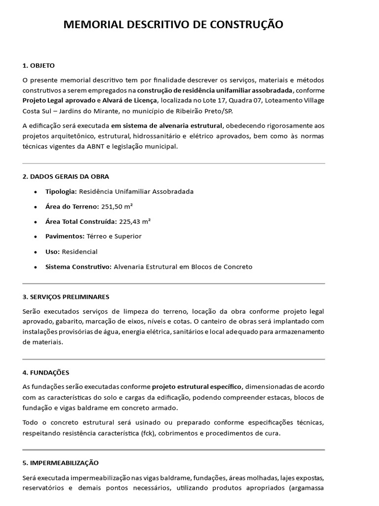 Memorial Descritivo de Construção | PDF | Argamassa (alvenaria) | Drywall