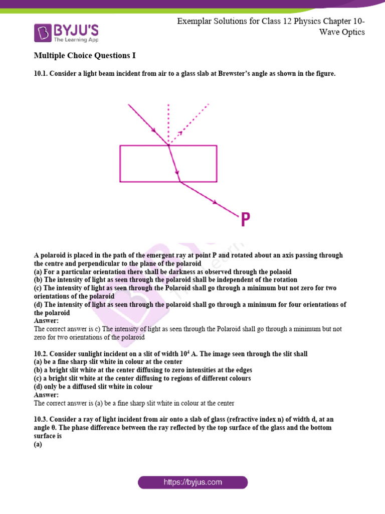 Ncert Exemplar For Class 12 Phy Chapter 10 | PDF | Diffraction | Wavelength