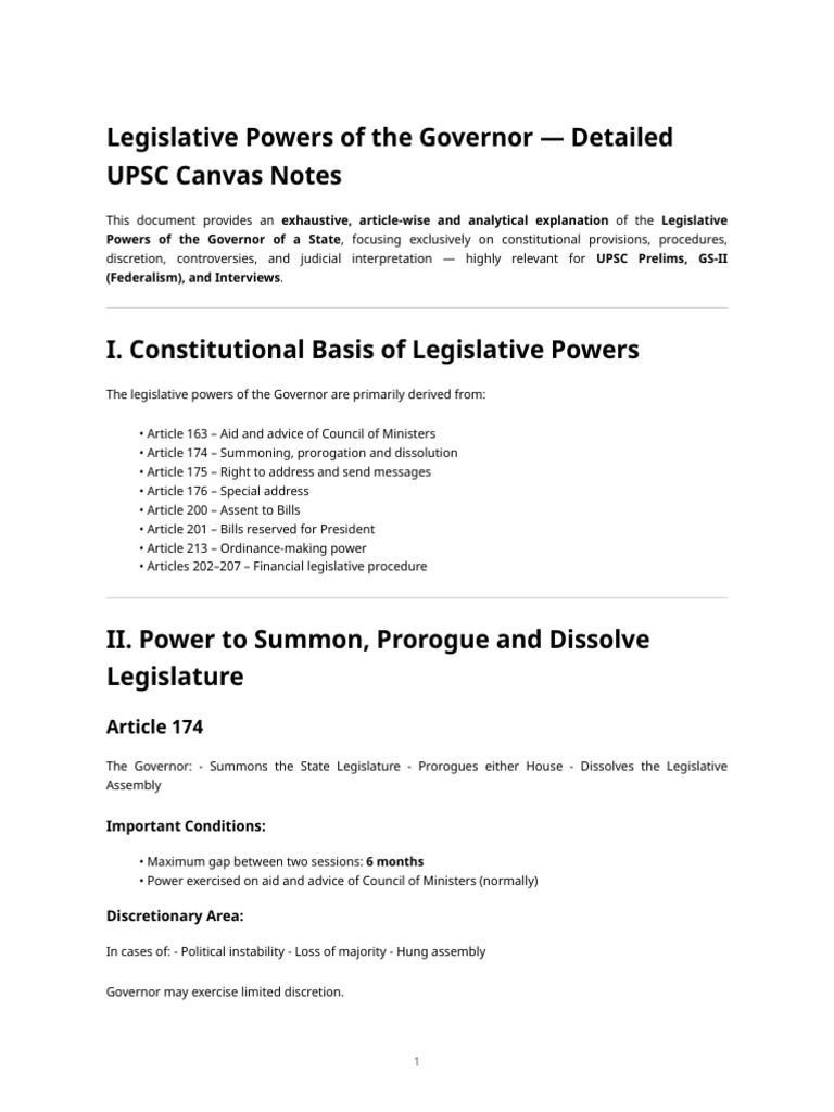 Legislative Powers of The Governor - Detailed Upsc Canvas Notes | PDF ...
