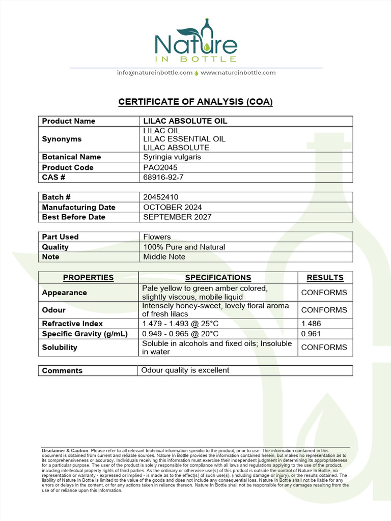 Lilac Absolute Oil COA 20452410 | PDF