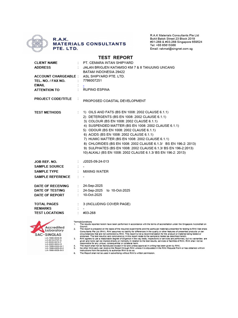 J2025-09-24-013 - MIXING WATER Test Report - RAK Lab | PDF | Sodium ...