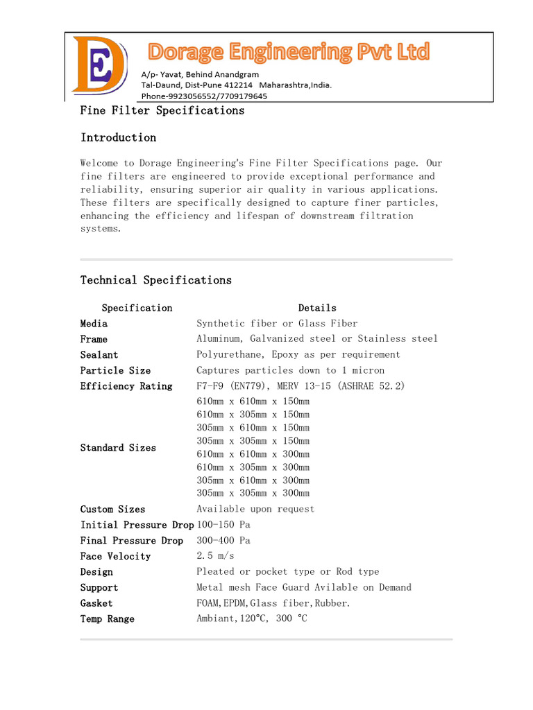 2 Fine Filter Specifications | PDF | Mechanical Engineering | Materials