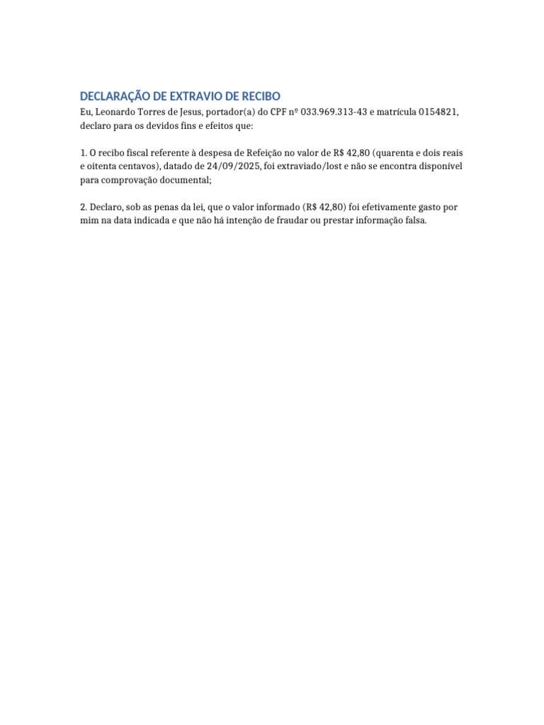 Declaracao Extravío Recibo Leonardo Torres | PDF