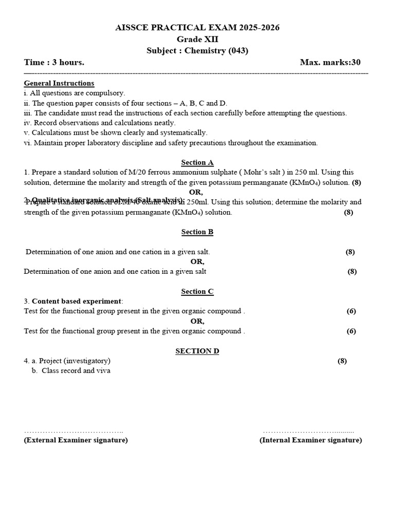 Aissce Chemistry (043) Practical Exam Question Paper 2025-2026-1 | PDF ...