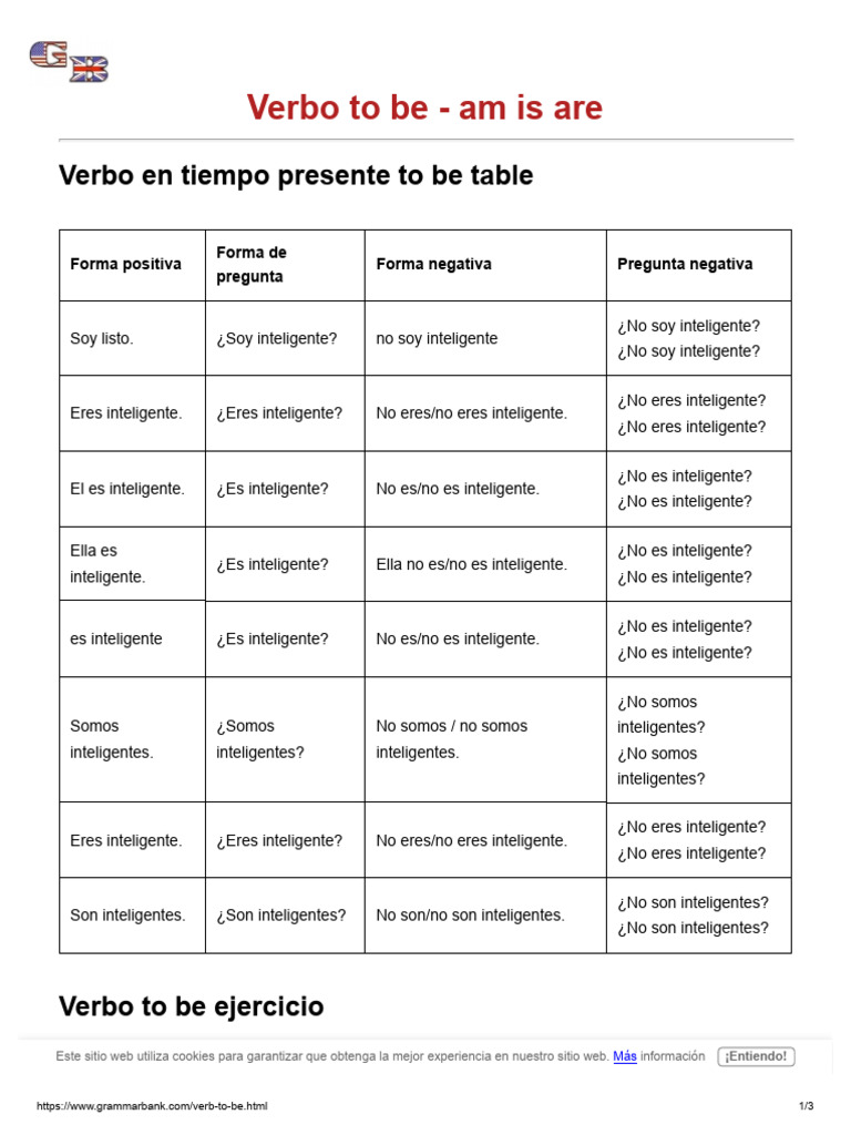 Verbo To Be - Am Is Are - GrammarBank | PDF