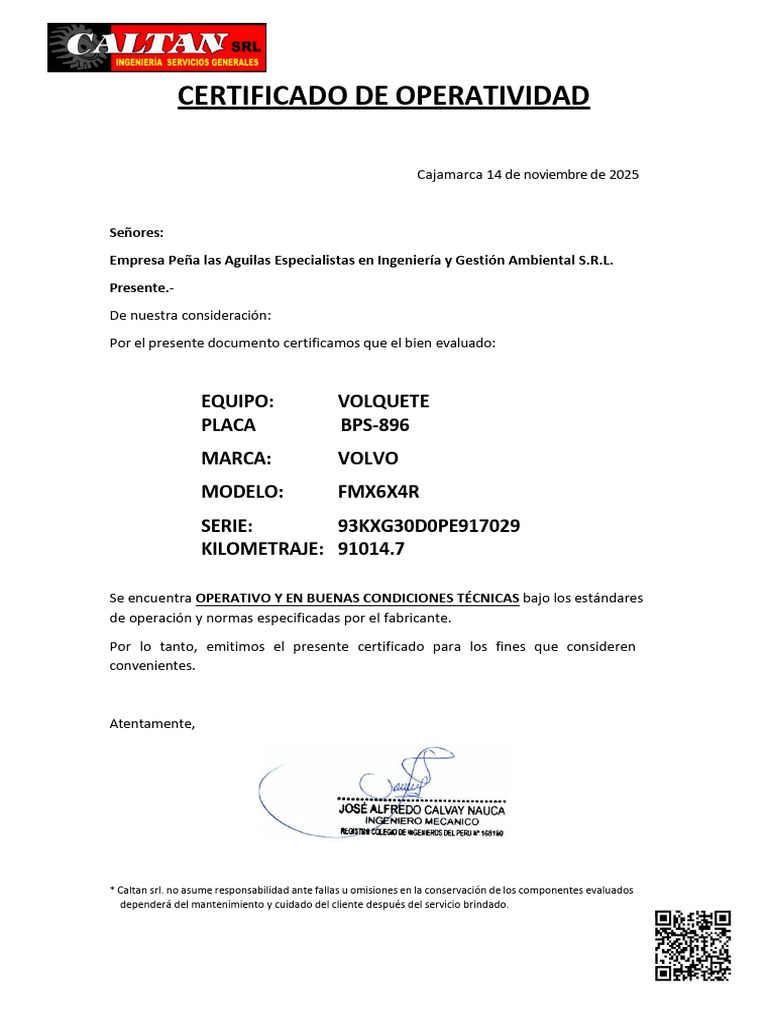 Certificado de Operatividad Volquete | PDF