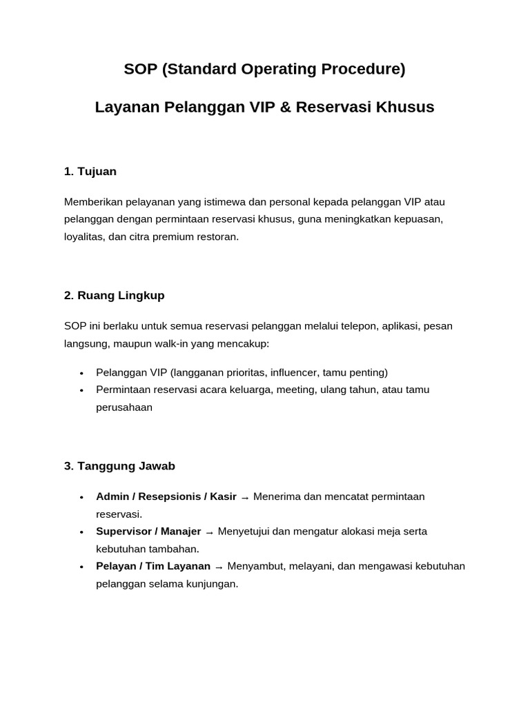 SOP Layanan Pelanggan VIP & Reservasi Khusus | PDF