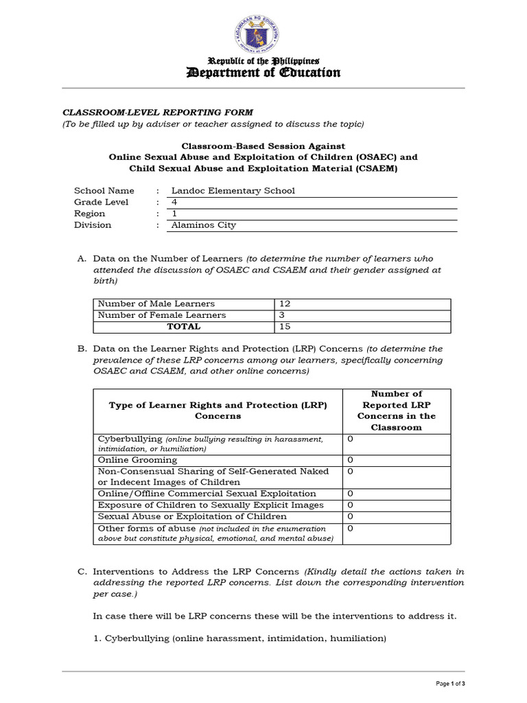 Classroom Form Osaem Osaec Report | PDF | Cyberbullying | Injustice