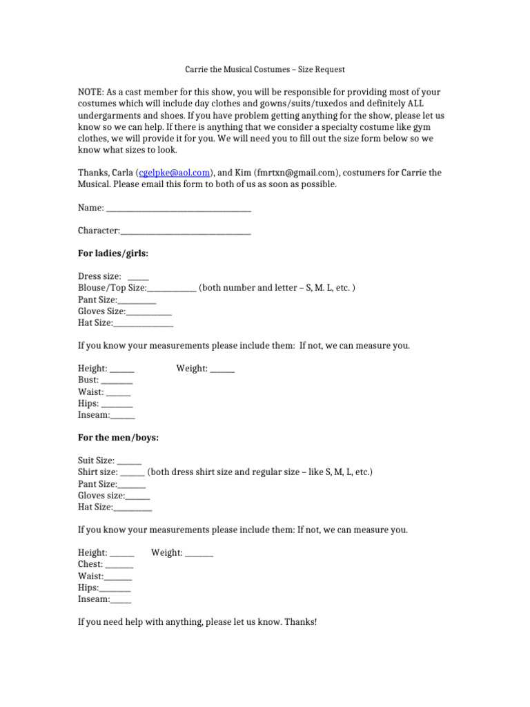 Carrie The Musical Size Form | PDF