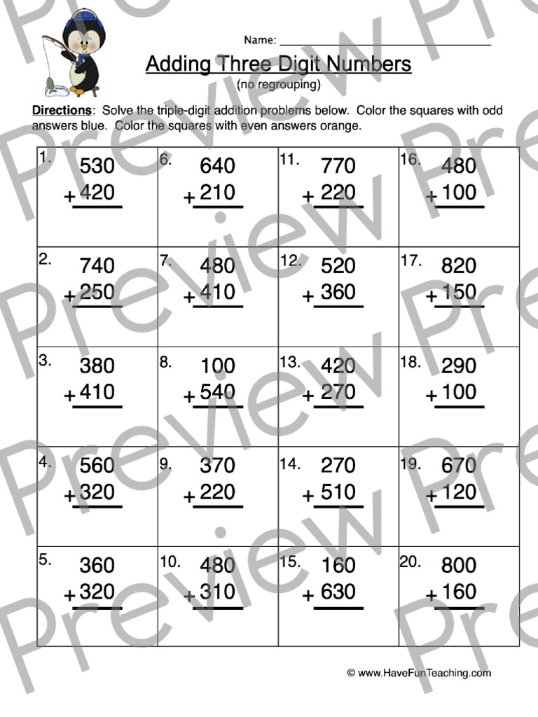 Triple Digit Addition Worksheet 1 Preview | PDF