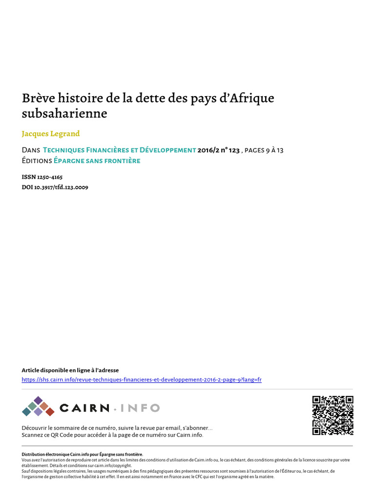 Legrand 2016 Breve Histoire de La Dette Des Pays Dafrique Subsaharienne ...