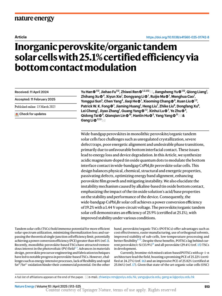 Inorganic Perovskiteorganic Tandem Solar Cells Wit | PDF | Solar Cell ...