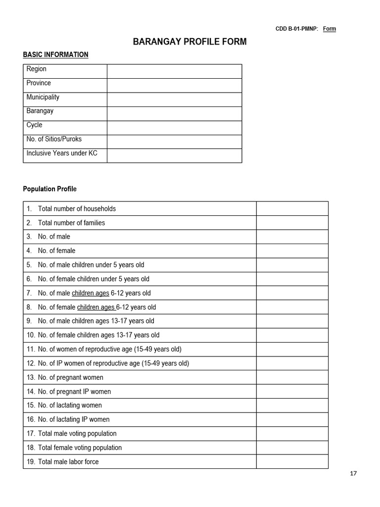 CDDB01 Barangay Profile Form 1 | PDF | Poverty | Poverty & Homelessness