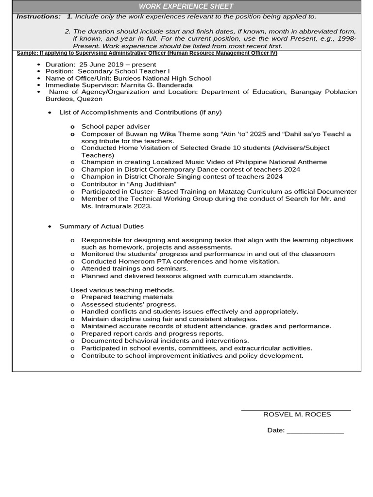 ANNEX H-2 - CS Form No. 212 Attachment - Work Experience Sheet | PDF ...