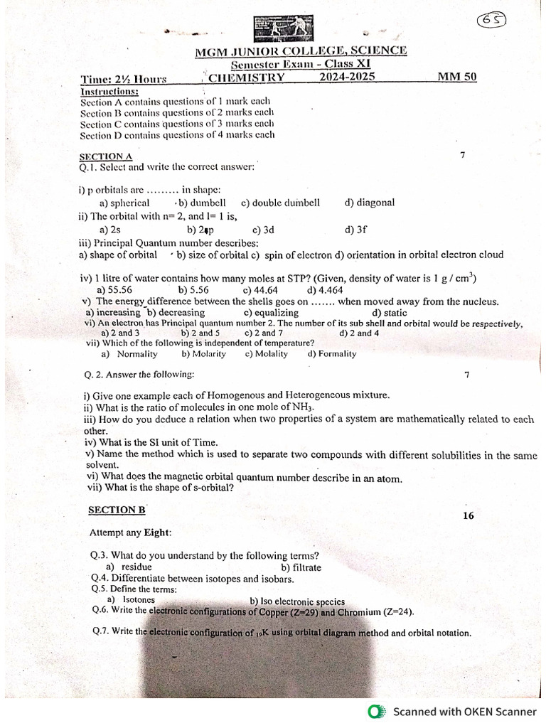1st Semester Exam Paper11th | PDF