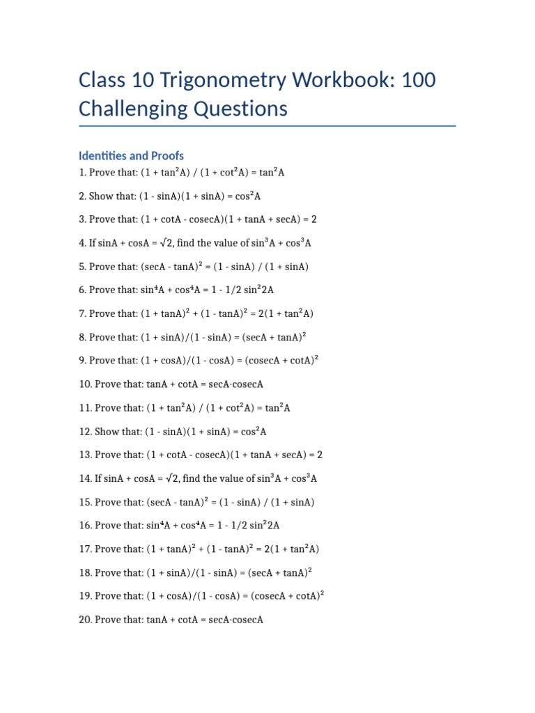 Class 10 Trigonometry 100 Questions Workbook | PDF | Ladder | Angle