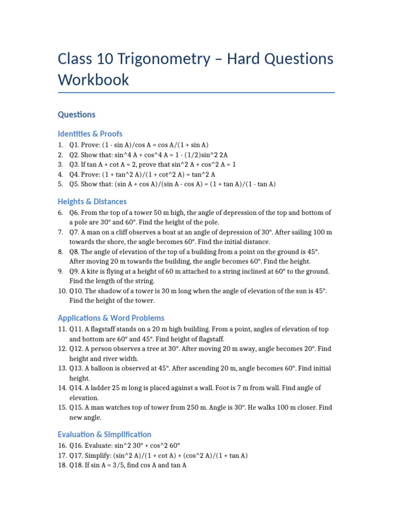 Class10 Trigonometry Workbook Separated - For Merge | PDF | Trigonometry