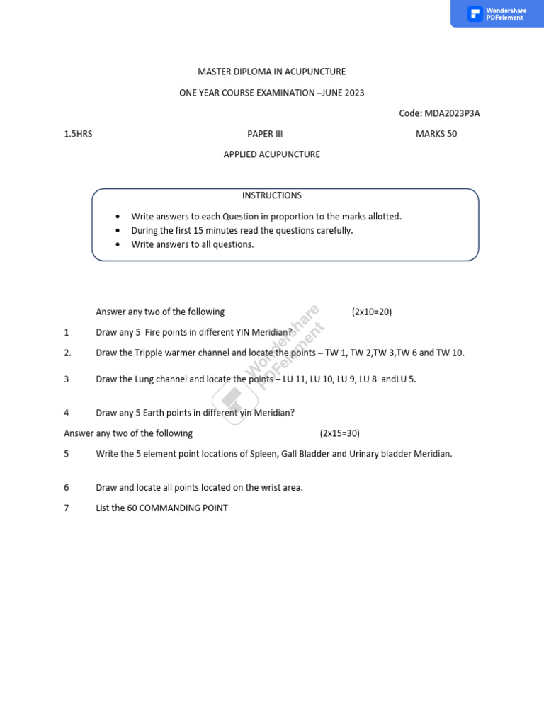 Question Paper 3 Applied Acupuncture A-1 | PDF