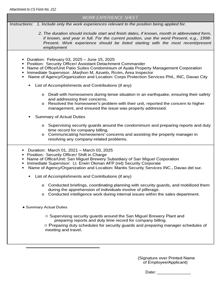 CS Form No. 212 Attachment - Work Experience Sheet | PDF