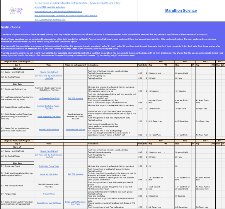 Foot - Calf Intro Program For Fast Marathons - Workout Program | PDF ...