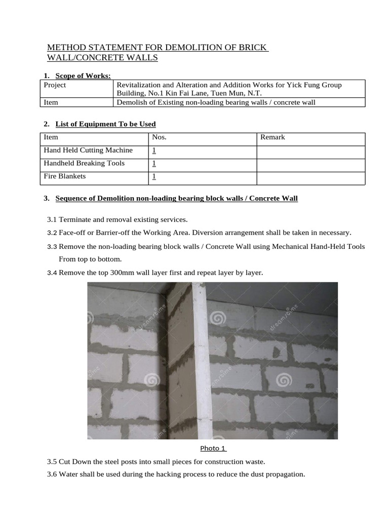 Method Statement of Removal of Non-Bearing Brick Wall and Concrete Wall ...
