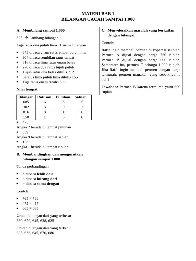 Materi Bab 1 MTK Kelas 3 | PDF