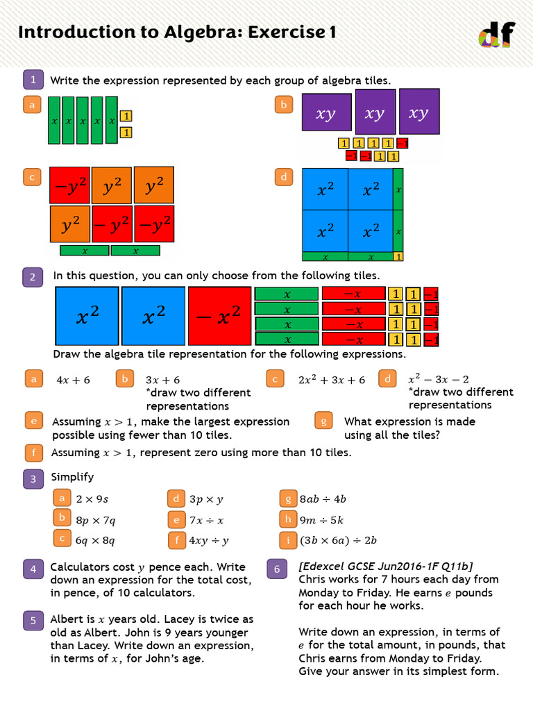 Introduction To Algebraic Notation - Exercise 1 | PDF | Algebra ...
