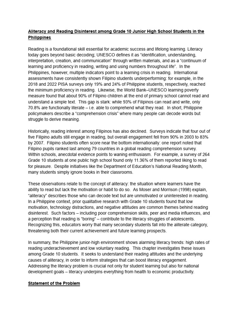 Aliteracy and Reading Disinterest Among Grade 10 Junior High School ...