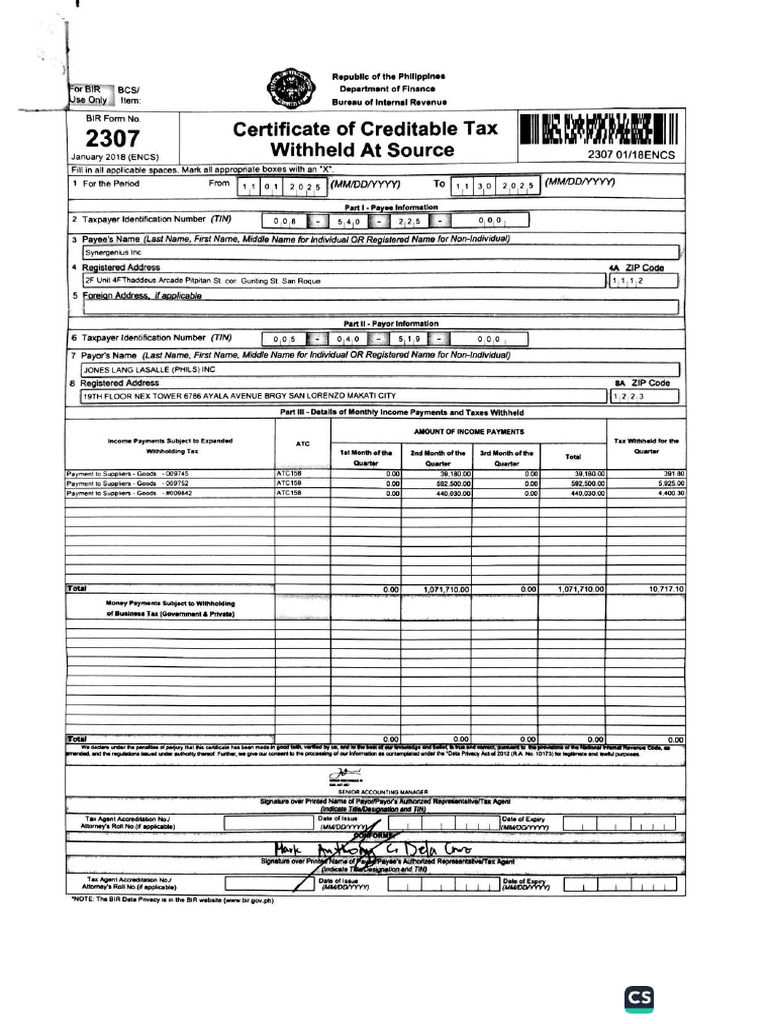 Bir Form 2307- November | PDF