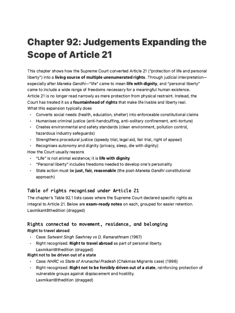 Chapter 92 Judgements Expanding the Scope of Article 21 | PDF | Justice ...