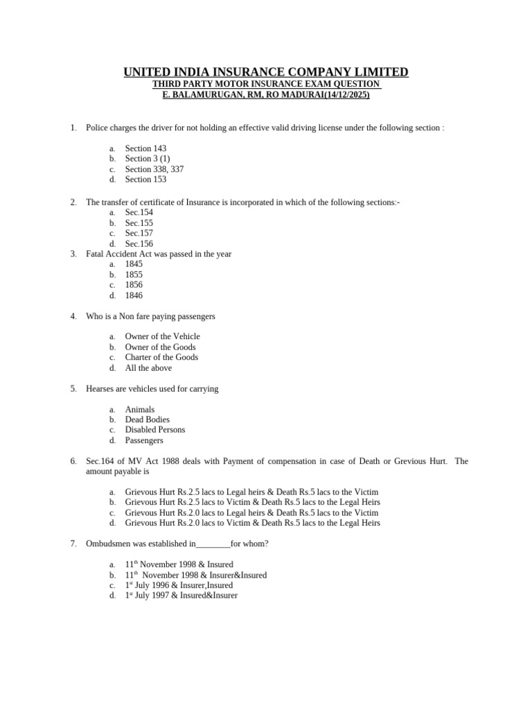 Motor TP Question and Answer | PDF | Vehicle Insurance