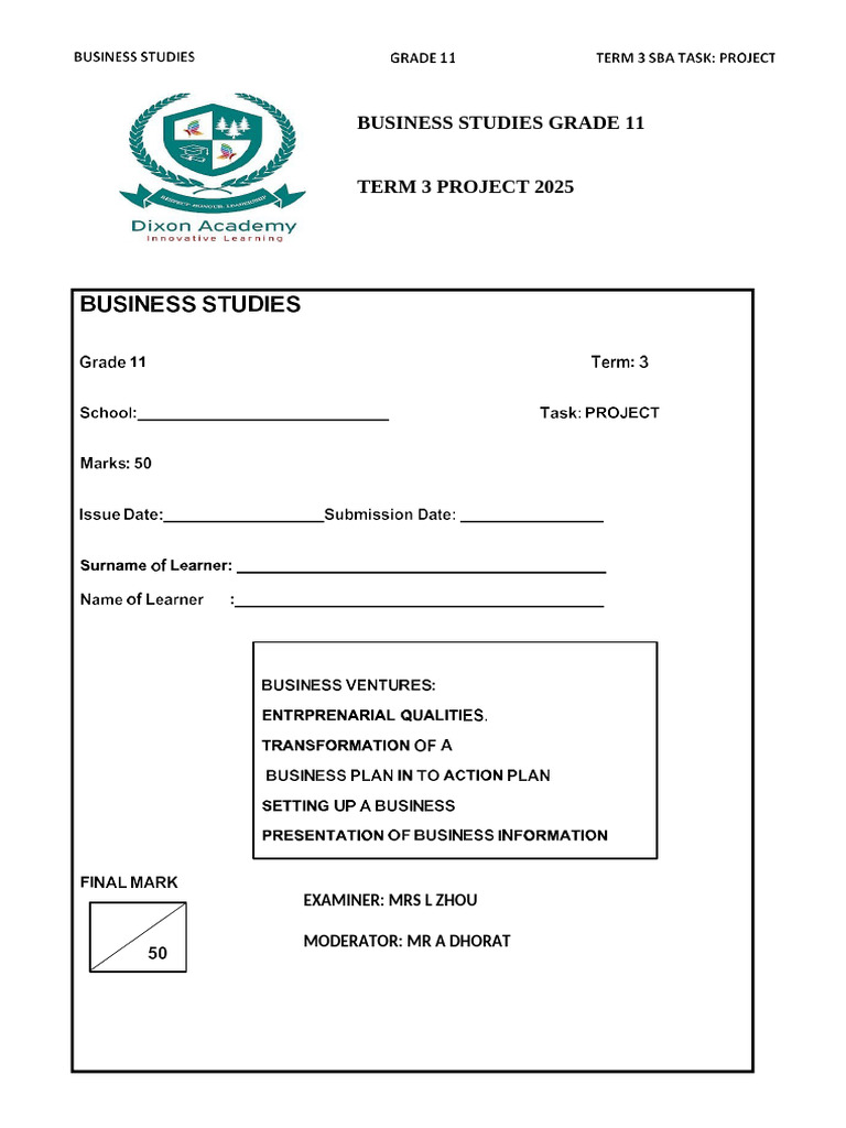 Business Studies GR 11 Project | PDF