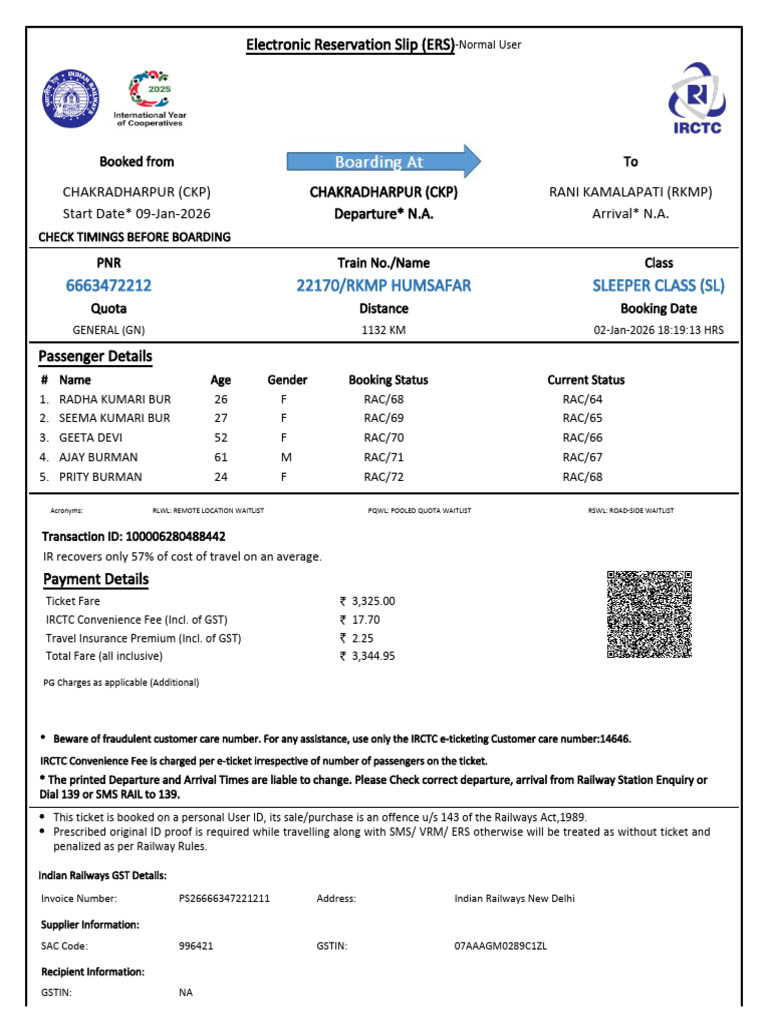 22170/Rkmp Humsafar Sleeper Class (SL) | PDF | Identity Document | Payments