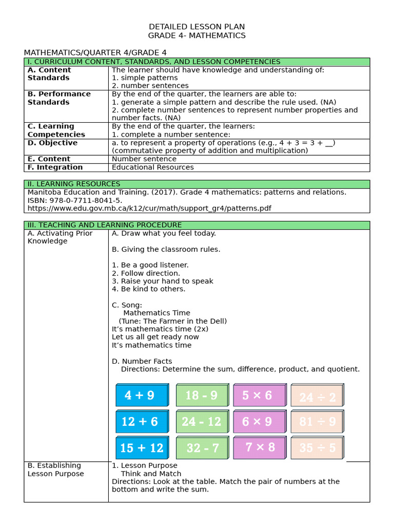 Matatag Math 4 Co Lesson Plan | PDF | Lesson Plan | Learning