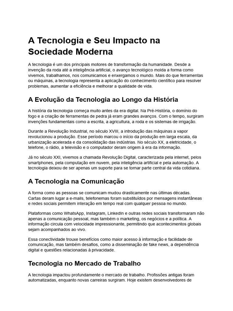 A Tecnologia e Seu Impacto Na Sociedade Moderna | PDF | Inteligência ...