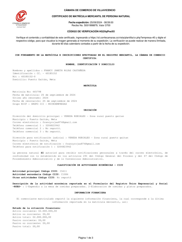 Certificado Camara de Comercio | PDF