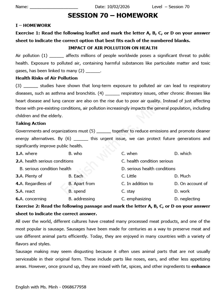 Level B2 - Session 70 - Homework | PDF | Air Pollution | Sausage