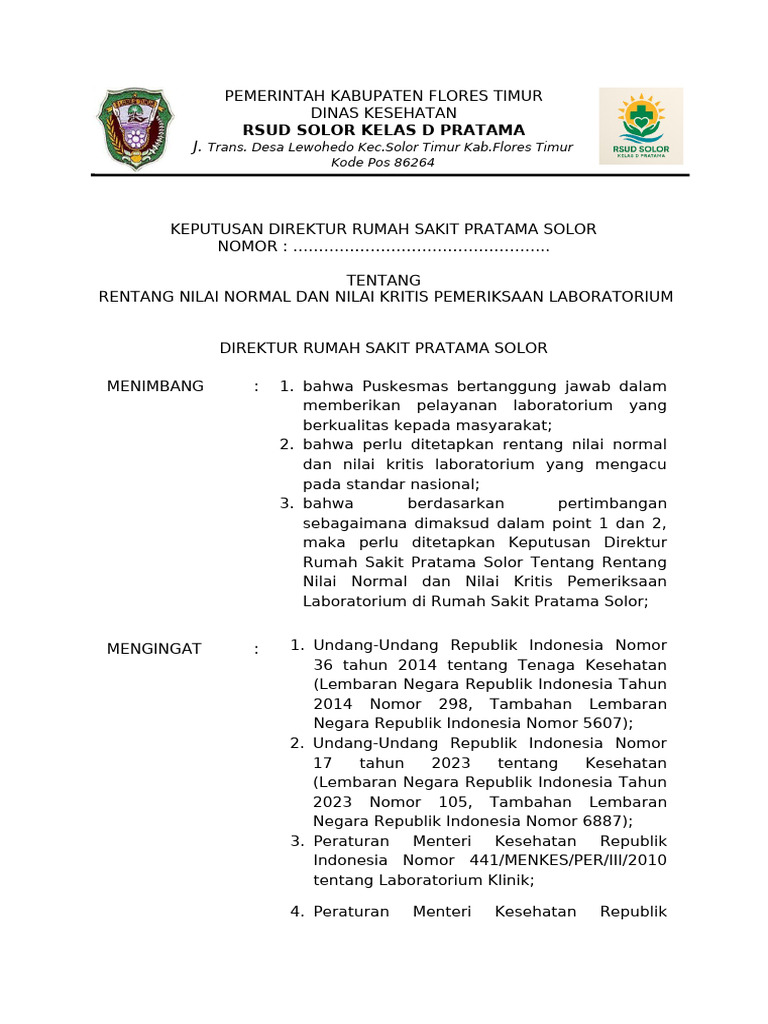 SK Rentang Nilai Normal Dan Hasil Kritis Lab | PDF