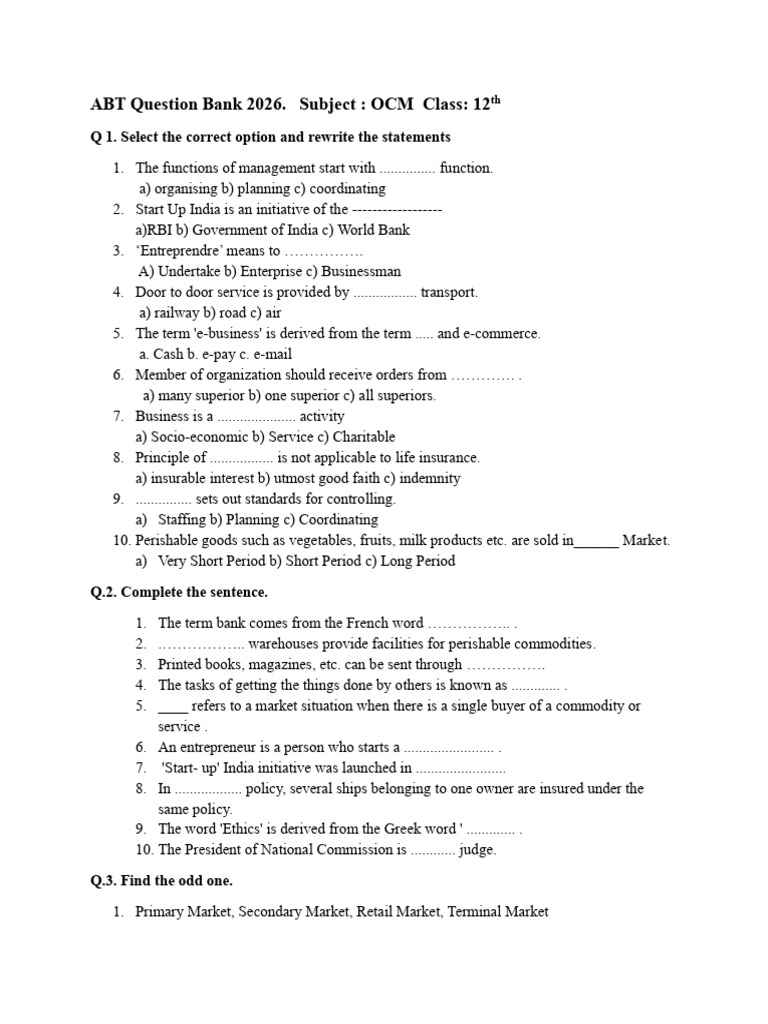 Question Bank ABT OCM | PDF | Retail | Private Sector