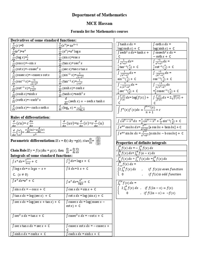 25-26 Formula Sheet | PDF | Curvature | Variance