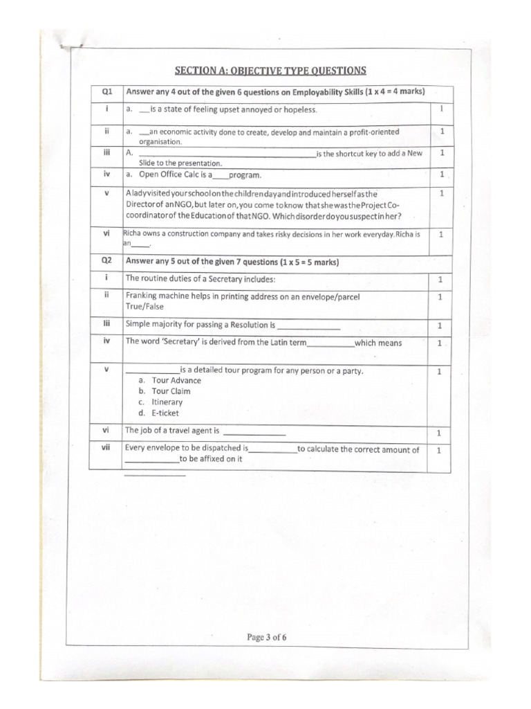 Section A Objective Type Questions | PDF