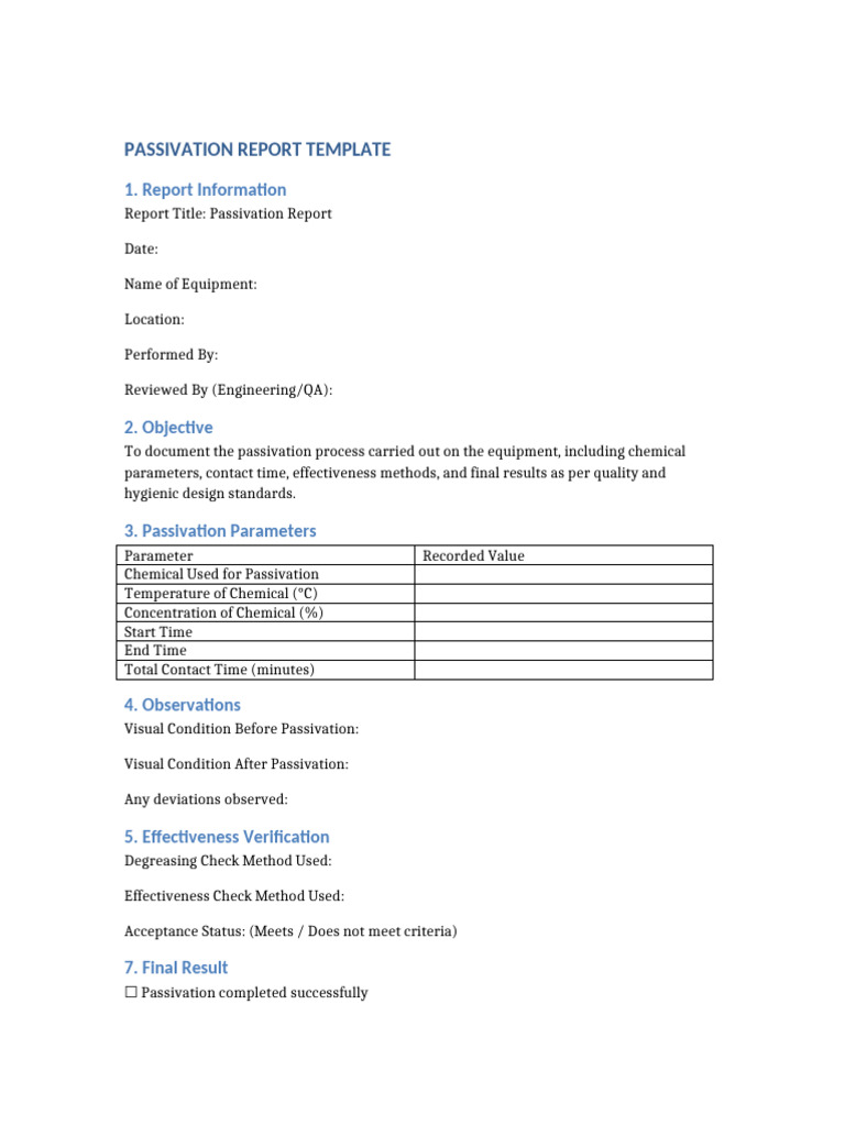 Passivation Report Template | PDF