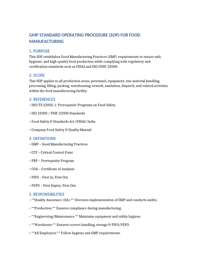 Detailed GMP SOP Food Manufacturing | PDF | Food Safety | Warehouse